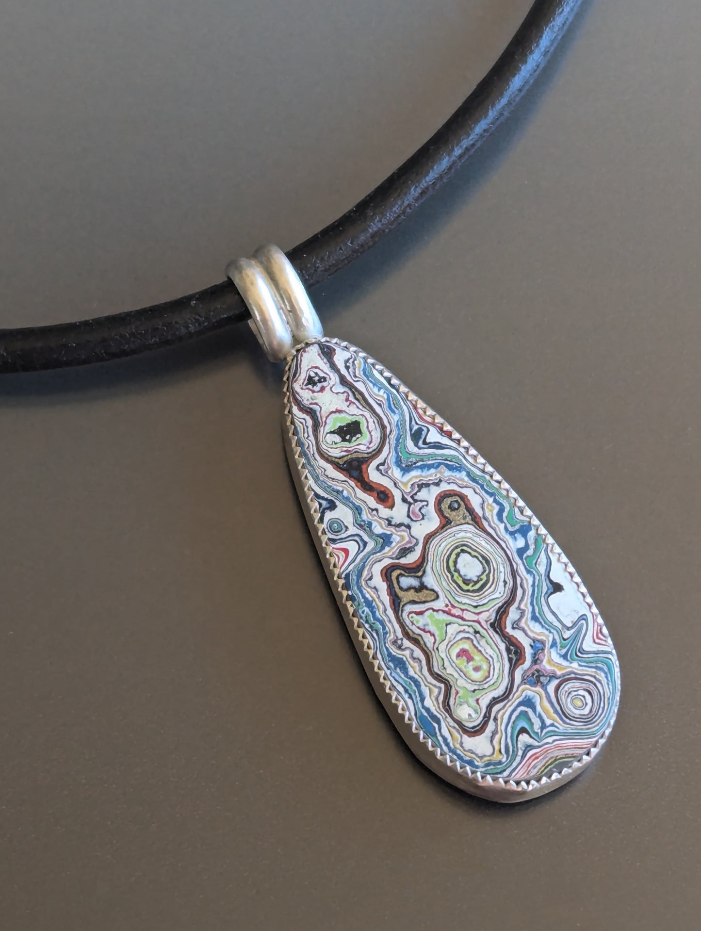 Graffiti Fordite in Sterling Silver Pendant, Picture Pierced Back, Leather Necklace