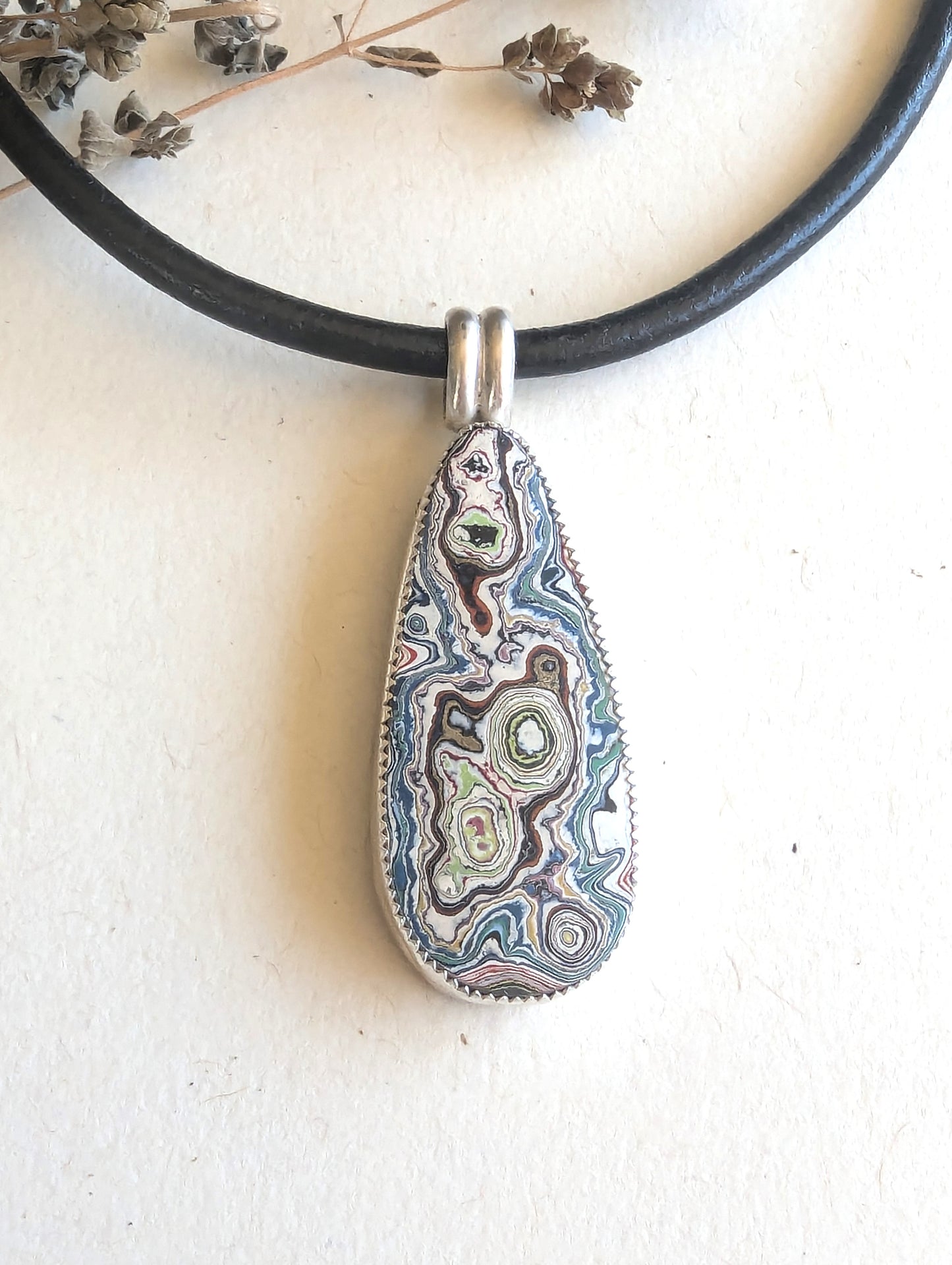 Graffiti Fordite in Sterling Silver Pendant, Picture Pierced Back, Leather Necklace