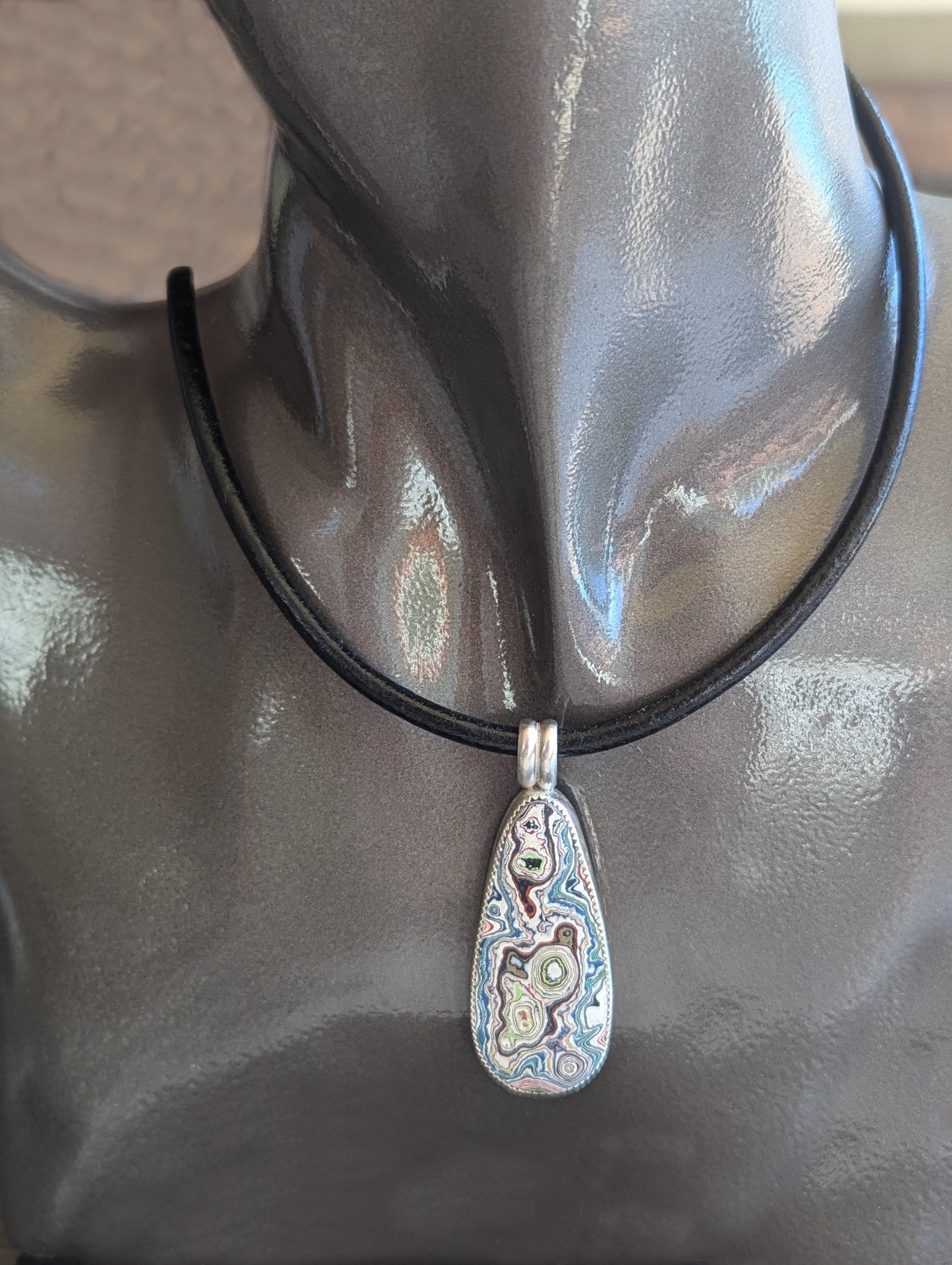 Graffiti Fordite in Sterling Silver Pendant, Picture Pierced Back, Leather Necklace