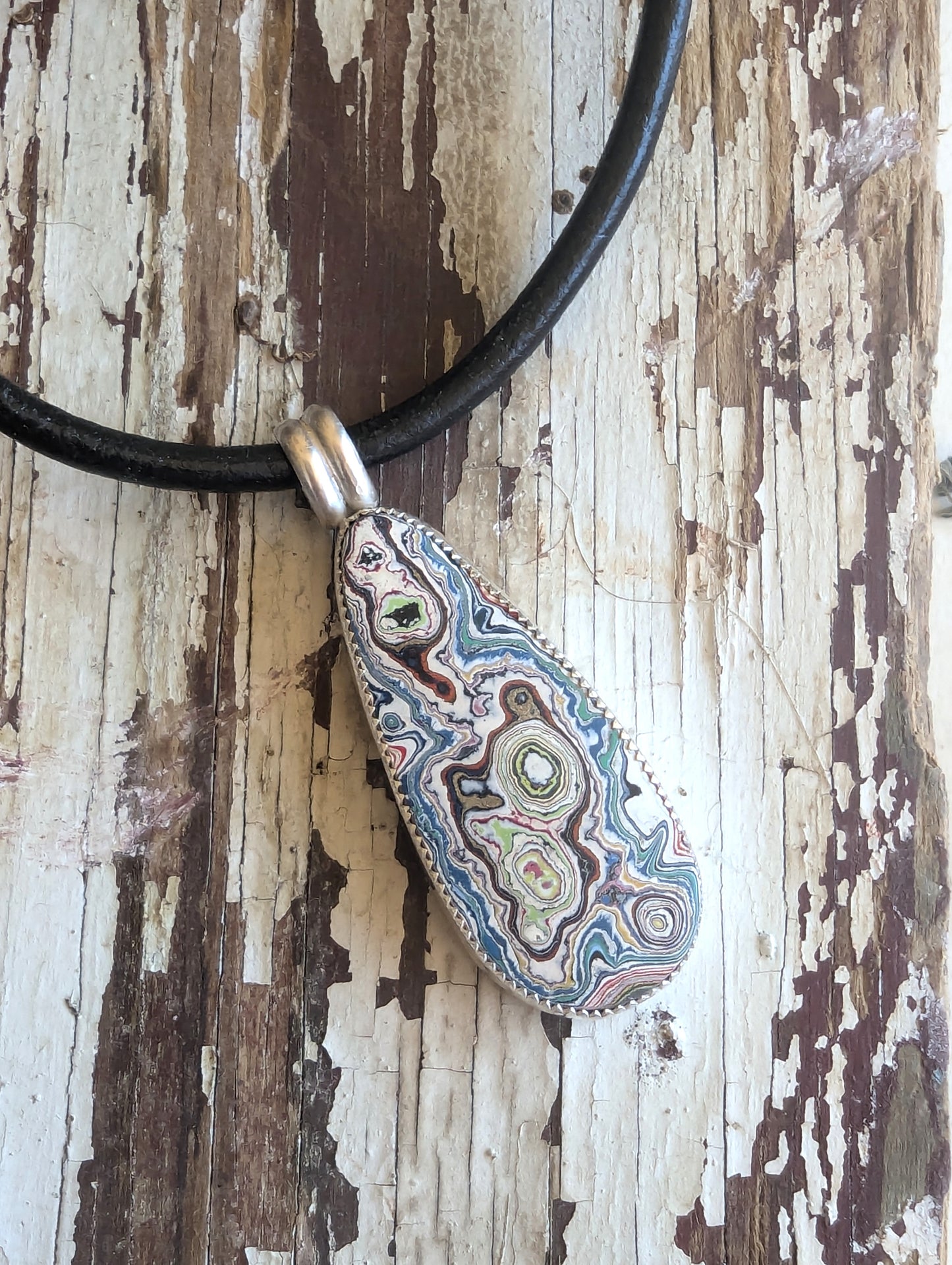 Graffiti Fordite in Sterling Silver Pendant, Picture Pierced Back, Leather Necklace