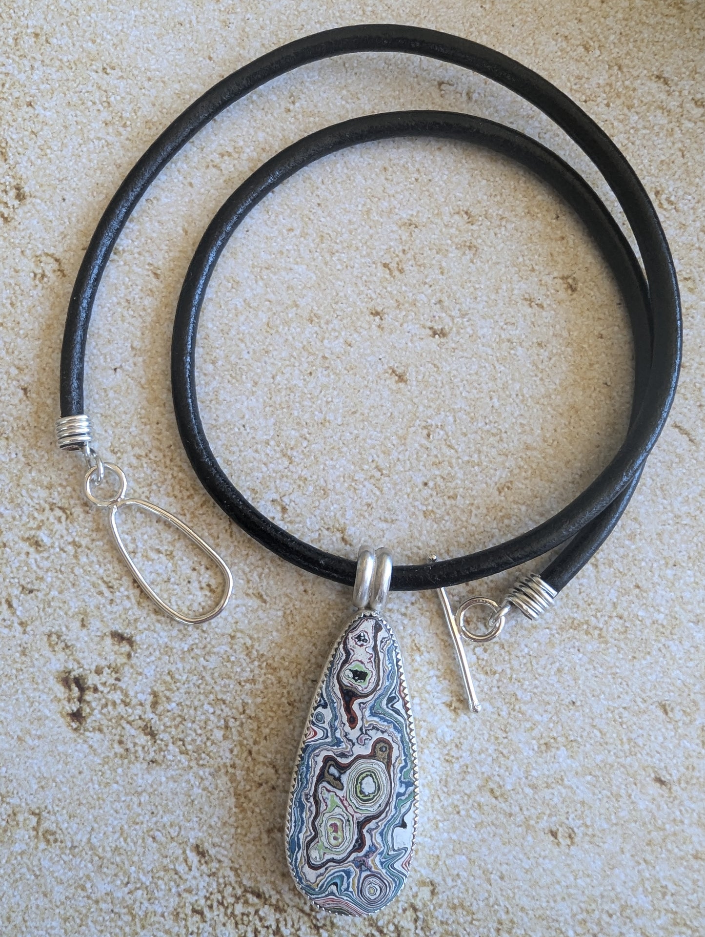 Graffiti Fordite in Sterling Silver Pendant, Picture Pierced Back, Leather Necklace