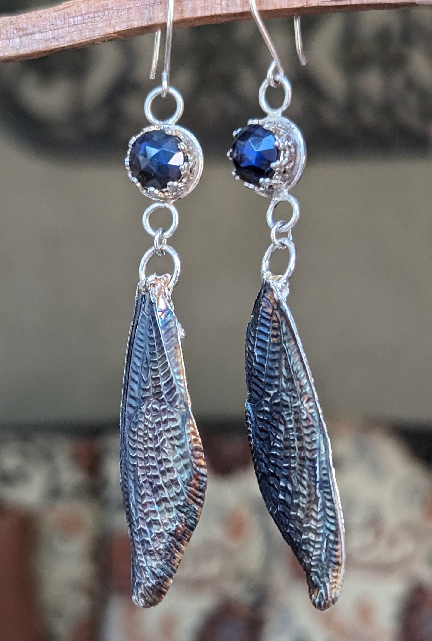 Silver Cicada Wing Long Dangle Pierced Earrings with Blue Labradorite, Eco-Friendly Bohemian